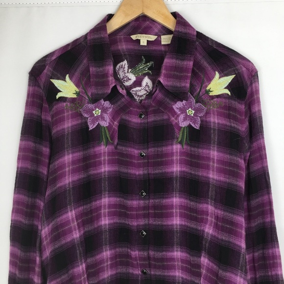 Stetson Plaid Button Down Shirt Floral Embroidered Western Cowgirl Women’s Sz XL - Picture 4 of 13